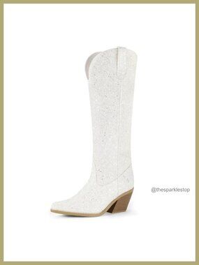 Glitter Sequin Knee-High Cowboy Boots Block Heel Pointed Toe Side Zip